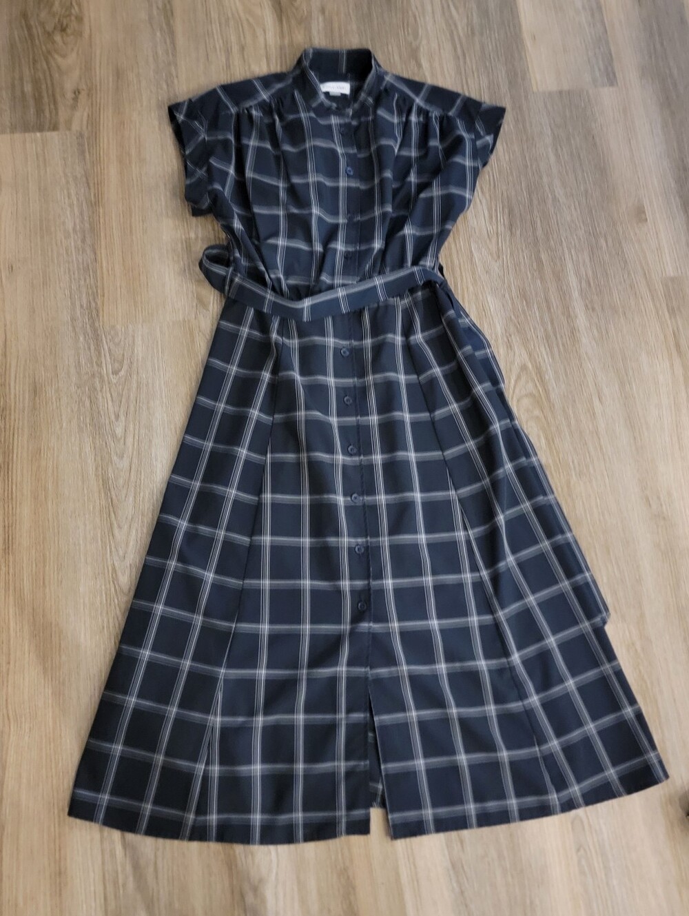 Calvin Klein Womens Size 8 Navy Blue Plaid Belted Midi Shirtdress - Picture 7 of 15